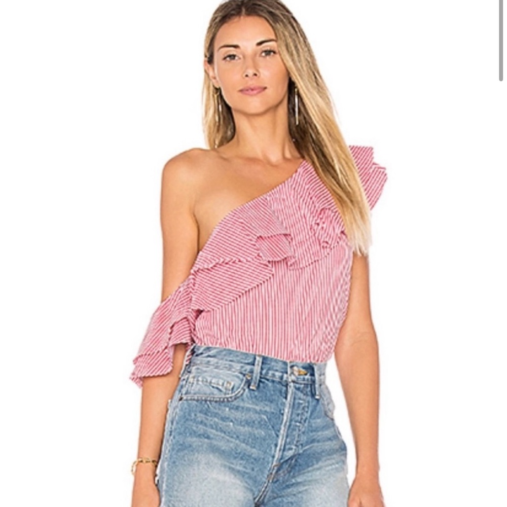 L'Academie White and Red Asymmetrical Ruffled Blouse